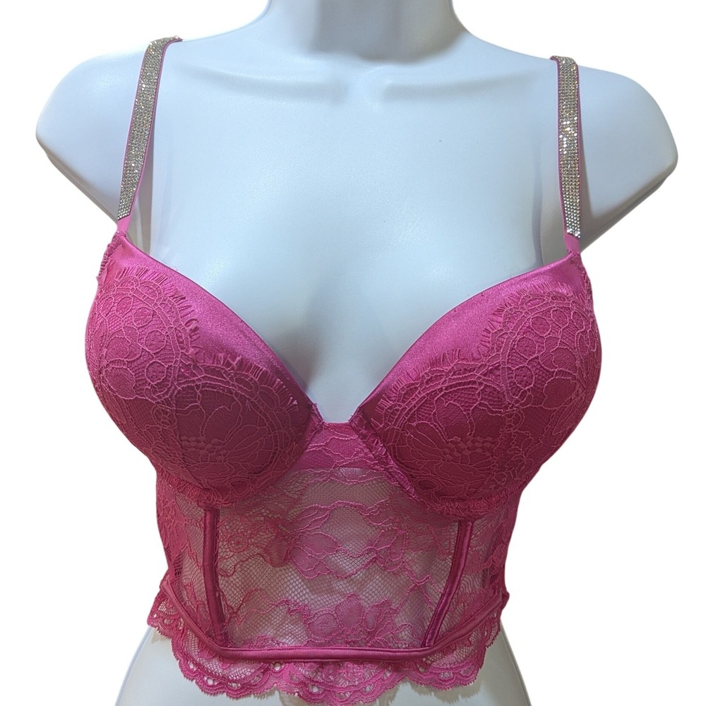 Victoria's Secret Very Sexy Pink Lace Rhinestone Strap Push-Up Corset Top 32D